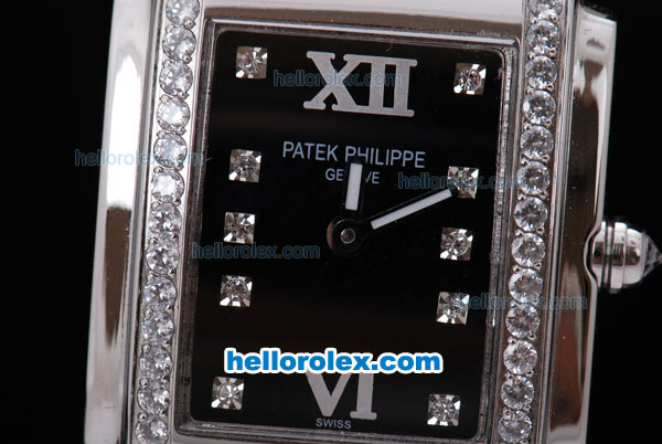 Patek Philippe Ref.4910 Swiss ETA Quartz Movement Diamond Bezel and Marking with Black Dial Lady Model and Black Leather Strap - Click Image to Close